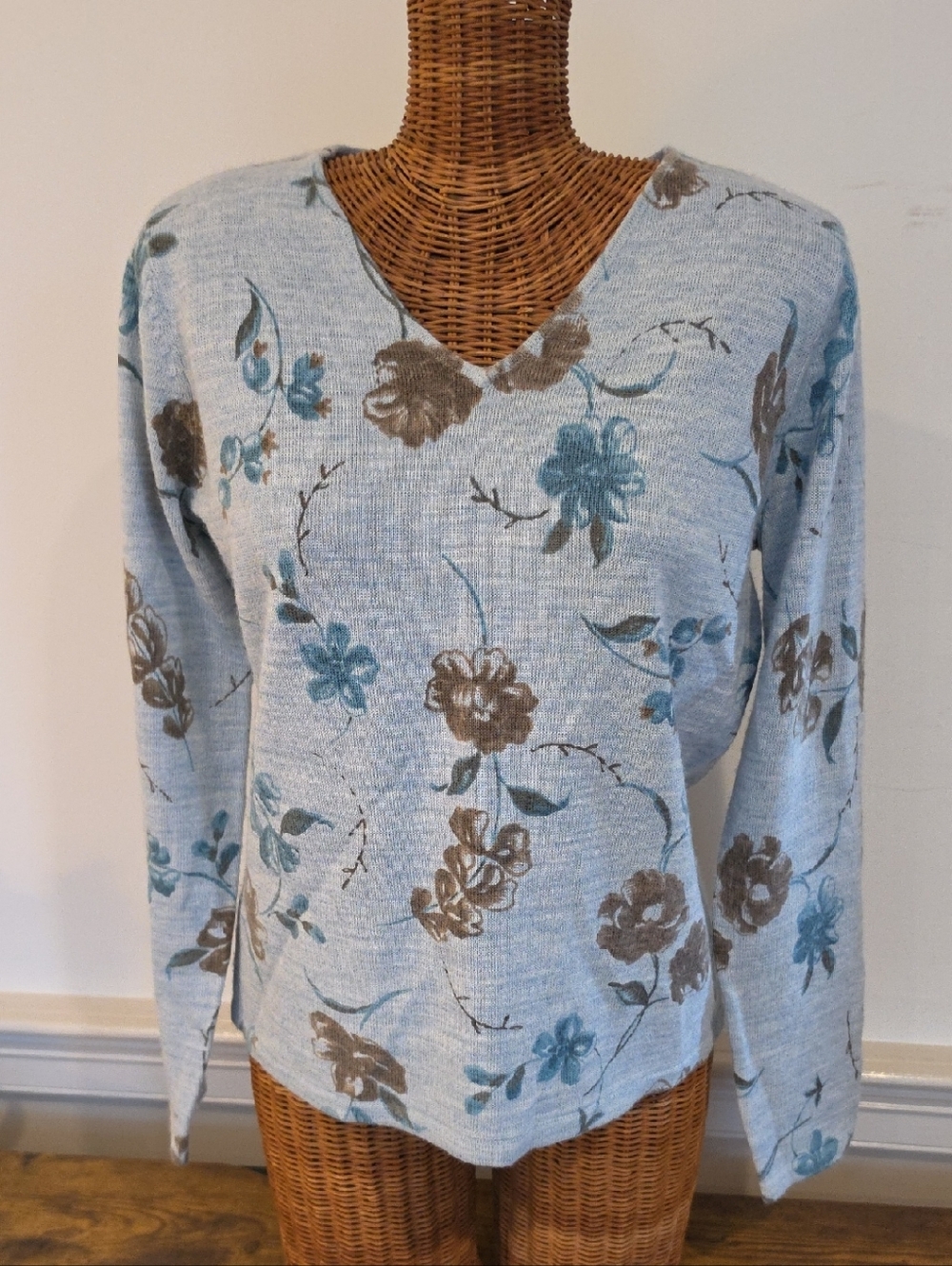 Wool Light Blue Floral V-Neck Sweater - Women's Knit Top